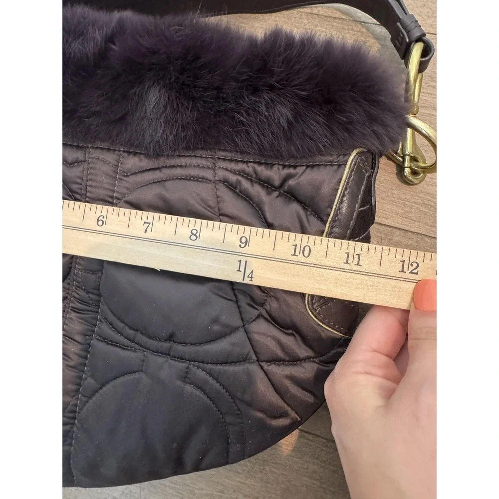 Coach Hobo Bag Womens Medium Brown Quilted Nylon Fur Trim Suede Leather Shoulder